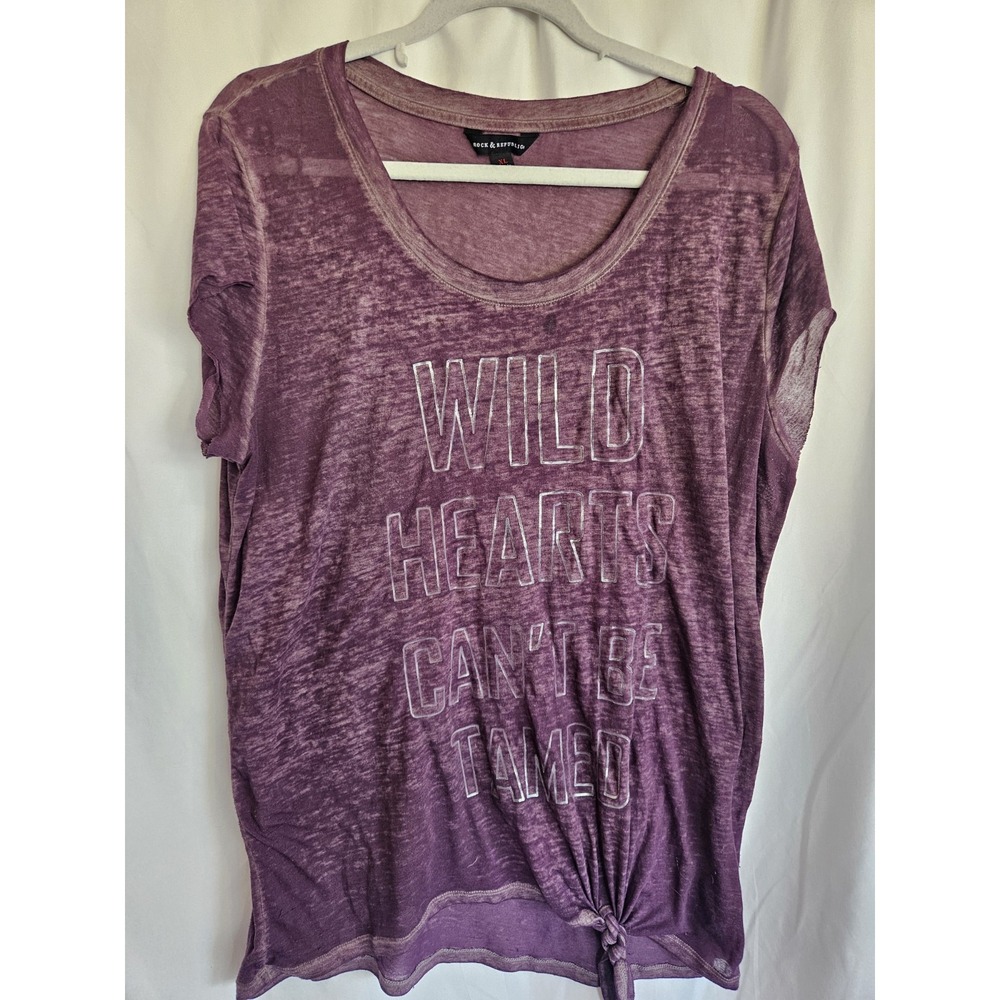Rock Republic Womens XL Purple Wild Hearts Graphic Tie Front T Shirt Top